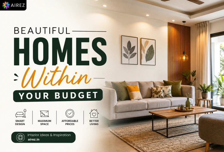 Beautiful Homes Within Your Budget – Affordable Interior Design Solutions in Delhi NCR Modern affordable home interior design with stylish living room and Beautiful Homes Within Your Budget typography for Delhi homeowners
