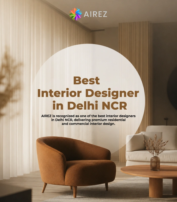 Modern luxury living room interior with elegant furniture and the text “Best Interior Designer in Delhi NCR” by AIREZ showcasing premium residential and commercial interior design services.